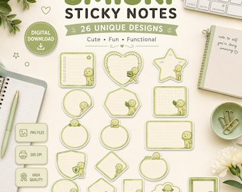 Kawaii Green Character Sticky Notes, 26 PNG Designs (Digital Download)