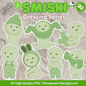 May include: A collection of light green Smiski Dressing Series PNG stickers. The stickers feature cartoon figures in various poses, some wearing clothing. Text includes "Smiski Dressing Series" and "20 High Quality PNG Transparent Background".