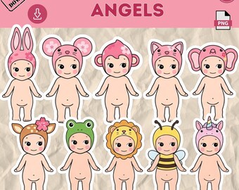 Cherry Blossom Angel PNG Bundle, Kawaii Baby Animal Clipart, sonny angel Characters