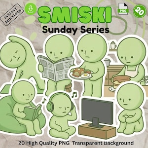 Puede incluir: Colección de figuras de dibujos animados verdes en diversas actividades dominicales, como leer y cocinar. La imagen incluye el texto "SMISKI Sunday Series" y "20 High Quality PNG Transparent Background."
