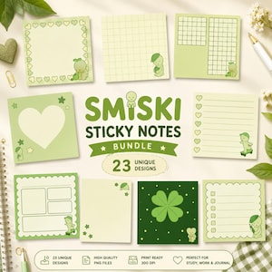May include: A collection of light green sticky notes featuring Smiski character illustrations, grid patterns, heart borders, and checklists. The central text reads SMISKI STICKY NOTES BUNDLE 23 UNIQUE DESIGNS. Includes various layouts with stars, clovers, and blank spaces for writing notes.