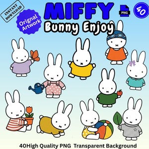 May include: A set of cartoon illustrations featuring Miffy the bunny in different outfits and activities. Miffy is shown with a butterfly, watering can, apple, and beach ball. The image includes the text "Miffy Bunny Enjoy" and "Original Artwork".