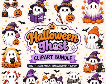 Spooky Halloween Ghost Clipart Bundle, Witch Hats, Pumpkins (Digital Download)