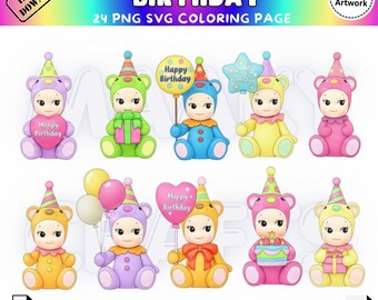Birthday Baby Angel  PNG SVG Bundle, Coloring Page , Kawaii clip art, Printable, digital downloads