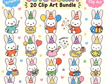 Birthday Bunny PNG, Bunny Clipart, Rabbit Party Stickers, Kawaii Birthday, Sublimation Design, Digital Downloads