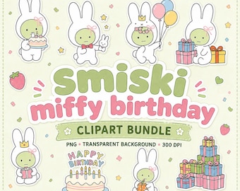 Birthday bunny Smiski,  Style, PNG Bundle | Bunny Clipart | Kawaii Party Stickers  Digital Download