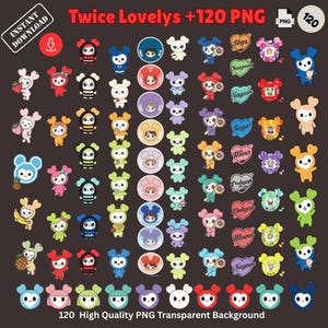 May include: A collection of 120 PNG images featuring cartoon characters in various colours and designs. The images include text that reads "Twice Lovelys" and "120 High Quality PNG Transparent Background."