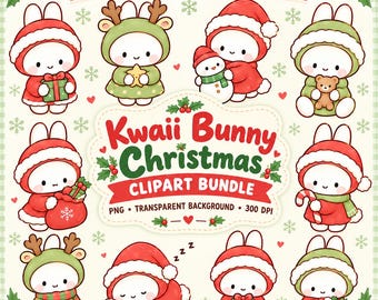 Christmas Bunny PNG Bundle, smiski Kawaii Holiday Clipart, Winter Rabbit, Digital Download, Print-and-Cut, Commercial Use