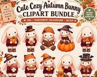 Cozy Autumn Bunny Clipart Bundle | Kawaii Fall Elements (Digital Download)