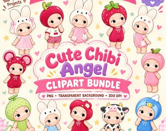 Chibi Angel Clipart Bundle, Fruit & Animal Outfits, Sublimation Design (Digital Download)