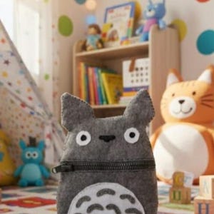 May include: A gray felt Totoro-shaped zippered pouch with white accents and a black zipper. The pouch is in a child's room with colorful toys and a patterned rug. A large orange cat plushie is visible.