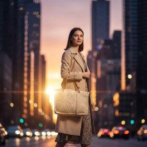 May include: A woman wearing a tan trench coat and carrying a woven tote bag with brown leather handles. She is walking across a city street at sunset. The tote bag is beige and rectangular.