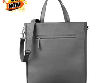 The Poet Grey Leather Tote Bag Handmade Minimalist Office Shoulder Bag