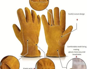 Men'S and Women'S Cowhide Gloves - Yellow, Knit Fabric, Comfortable for Outdoor Activities | Cowhide Texture | Knit Construction