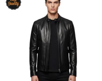 Black Leather Biker Jacket  Slim Fit, Asymmetric Collar
