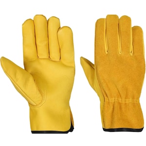 May include: A pair of yellow work gloves. The gloves are made of leather and have a black trim around the wrist. The palm side of the gloves has a suede texture.