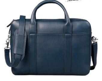Midnight Blue Leather Briefcase for Men Handmade Office Work Laptop Bag