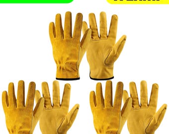 3 Pairs Leather Working Gloves for Men – Durable Workwear for Gardening, DIY, Construction & Driving