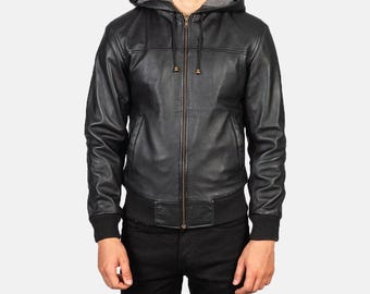 Nintenzo Black Hooded Leather Bomber Jacket