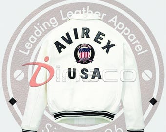 Weiße Avirex Patch Rindsleder Bomberjacke Retro Varsity Style Street Unisex Fashion Mantel