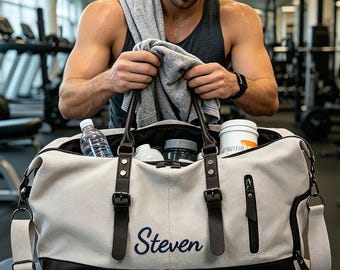 Personalized Canvas Gym Duffle Bag, Custom Name Weekender Bag for Men, Travel Carry on Luggage, Groomsman Gifts, Father's Day Gift
