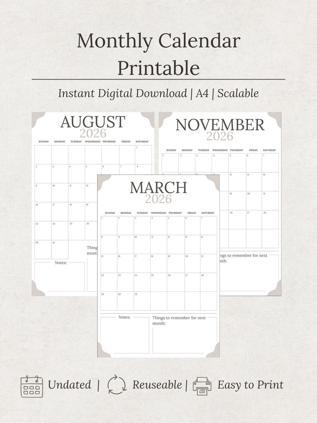 Minimal Monthly Calendar Printable | A4 Undated Planner (PDF Download