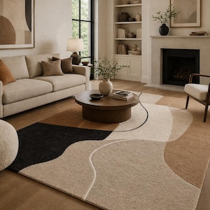 Dywan wełniany w abstrakcyjnym wzorze, ręcznie tkany, neutralne kolory ziemi, dywan do salonu o organicznym kształcie