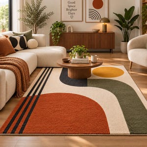 Puede incluir: Una alfombra rectangular con fondo color crema y formas geométricas abstractas en naranja quemado, verde oliva y negro. El diseño incluye un gran semicírculo naranja, bandas verdes curvas y líneas negras paralelas sobre la superficie.