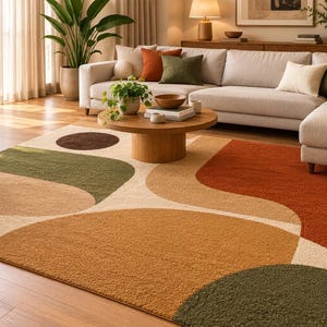 Peut inclure: Un tapis rectangulaire orné d'un motif géométrique composé de grandes formes arrondies dans des tons orange brûlé, vert olive, beige et crème. Le tapis présente une surface texturée à poils denses et recouvre une partie du parquet du salon.