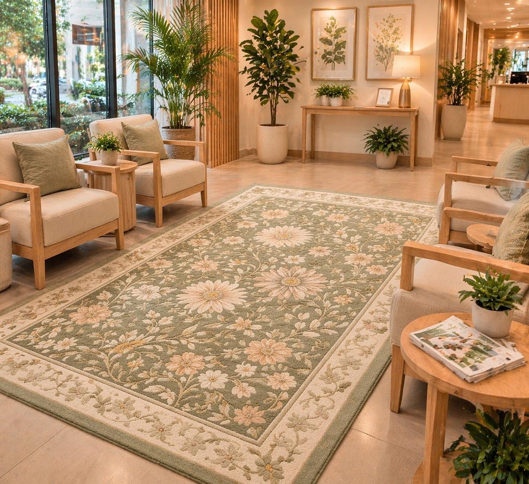 Sage Green Floral Hand Tufted Wool Rug, Vintage Botanical Area Carpet ...