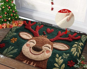 Cozy Christmas Rug with Reindeer | Soft, Non-Slip & Washable | Festive Home Decor for Entryway or Living Room