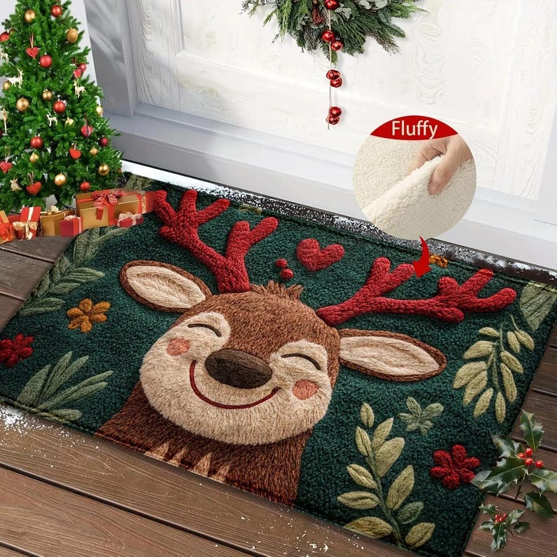 May include: A green Christmas doormat featuring a smiling reindeer with red antlers and a brown face. The mat has a textured appearance with floral and leaf accents, and a red heart. A Christmas tree and gifts are in the background.