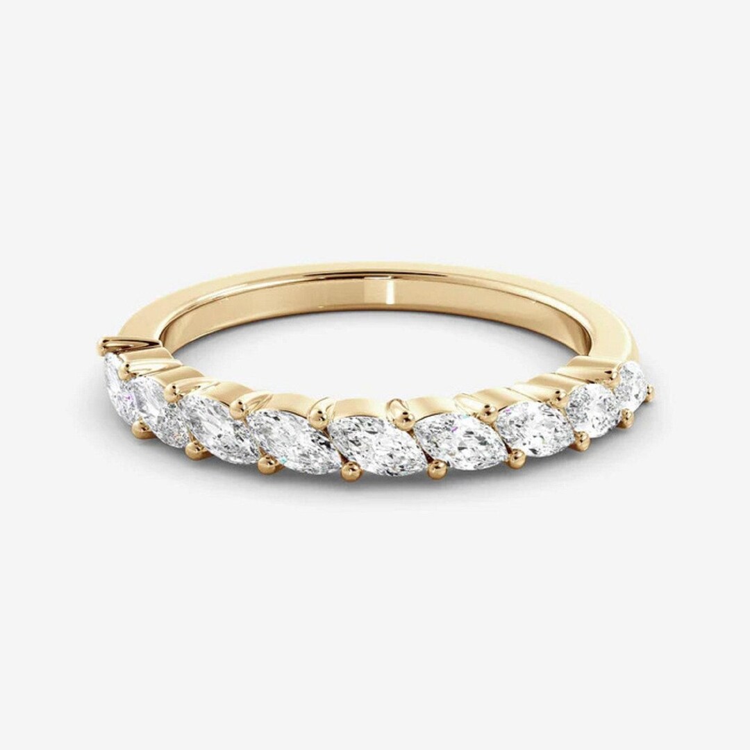 Marquise Cut Moissanite Wedding Band | 14K Solid Gold Shared Prong Half ...