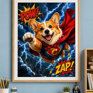 May include: A framed wall art print featuring a flying Corgi dressed as a superhero with a red cape and blue suit with a letter C emblem. The background shows a dark stormy sky with lightning over a city, with comic book style text POW! and ZAP!