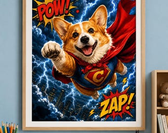 Superhero Corgi Wall Art, Kids Room Comic Book Poster, Retro Super Dog Print, Nursery Decor, Cute Pembroke Corgi Gift, Instant Download
