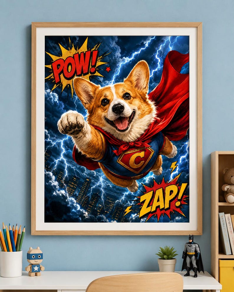 May include: A framed wall art print featuring a flying Corgi dressed as a superhero with a red cape and blue suit with a letter C emblem. The background shows a dark stormy sky with lightning over a city, with comic book style text POW! and ZAP!