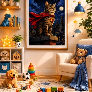 May include: A framed wall art print featuring a tabby cat wearing a red superhero cape and a yellow emblem with the letter C on its chest, perched on a rooftop overlooking a dark city skyline at night under a full moon and starry sky.
