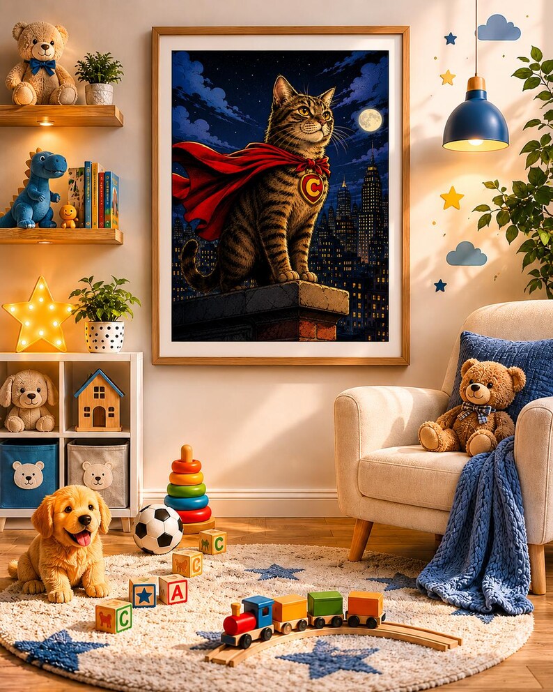May include: A framed wall art print featuring a tabby cat wearing a red superhero cape and a yellow emblem with the letter C on its chest, perched on a rooftop overlooking a dark city skyline at night under a full moon and starry sky.