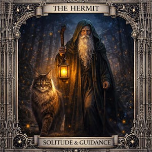 May include: A tarot card illustration featuring "THE HERMIT" with a robed figure holding a lantern and staff, accompanied by a cat. The card's banner reads "SOLITUDE & GUIDANCE" against a dark forest backdrop, framed with ornate details.