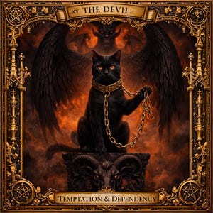 Puede incluir: Ilustración de carta de tarot con un gato negro de ojos naranjas, con un collar y cadena dorados. La carta está enmarcada en oro con el texto "XV THE DEVIL" y "Temptation & Dependency". Una figura demoníaca y alas se ven en el fondo.