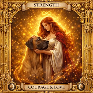 Puede incluir: Una carta de tarot ilustrada con una mujer de pelo rojo y un perro Gran Danés. La carta está enmarcada en oro con las palabras "STRENGTH" y "COURAGE & LOVE". El fondo es una luz dorada brillante.