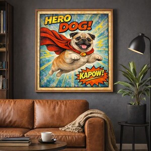 May include: A framed wall art print featuring a cartoon pug wearing a red superhero cape and a yellow collar with a red emblem. The text HERO DOG! appears at the top, and the word KAPOW! is displayed in a jagged orange comic book speech bubble.