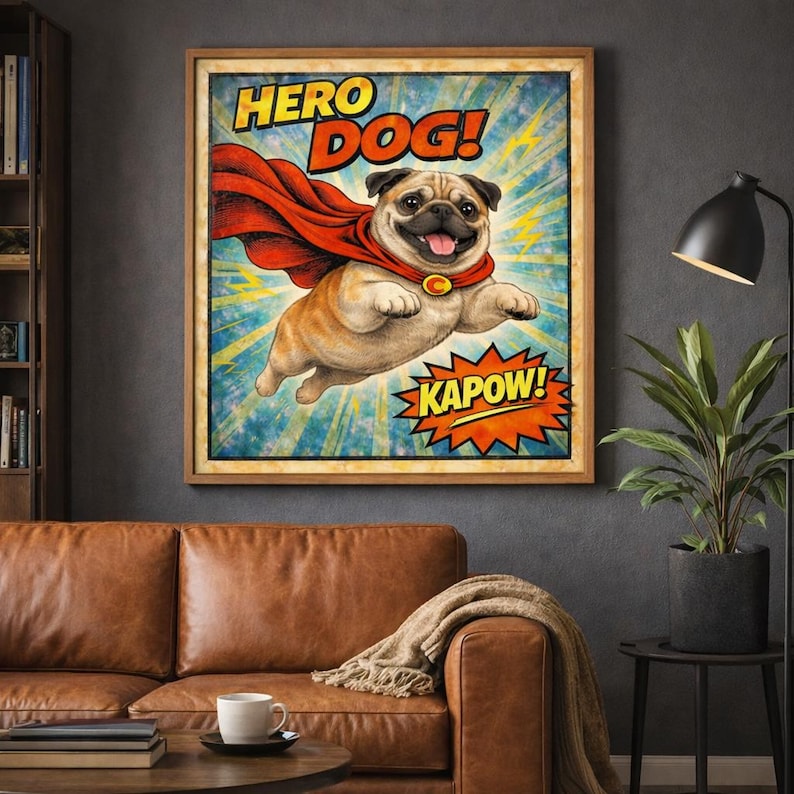 May include: A framed wall art print featuring a cartoon pug wearing a red superhero cape and a yellow collar with a red emblem. The text HERO DOG! appears at the top, and the word KAPOW! is displayed in a jagged orange comic book speech bubble.