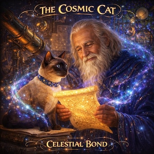Könnte beinhalten: Eine Illustration mit dem Titel "The Cosmic Cat: Celestial Bond" zeigt einen weisen Mann mit langem weißem Bart und einer Siamkatze. Der Mann hält eine leuchtende Schriftrolle, umgeben von Himmelsbildern. Im Hintergrund ist ein Teleskop zu sehen.