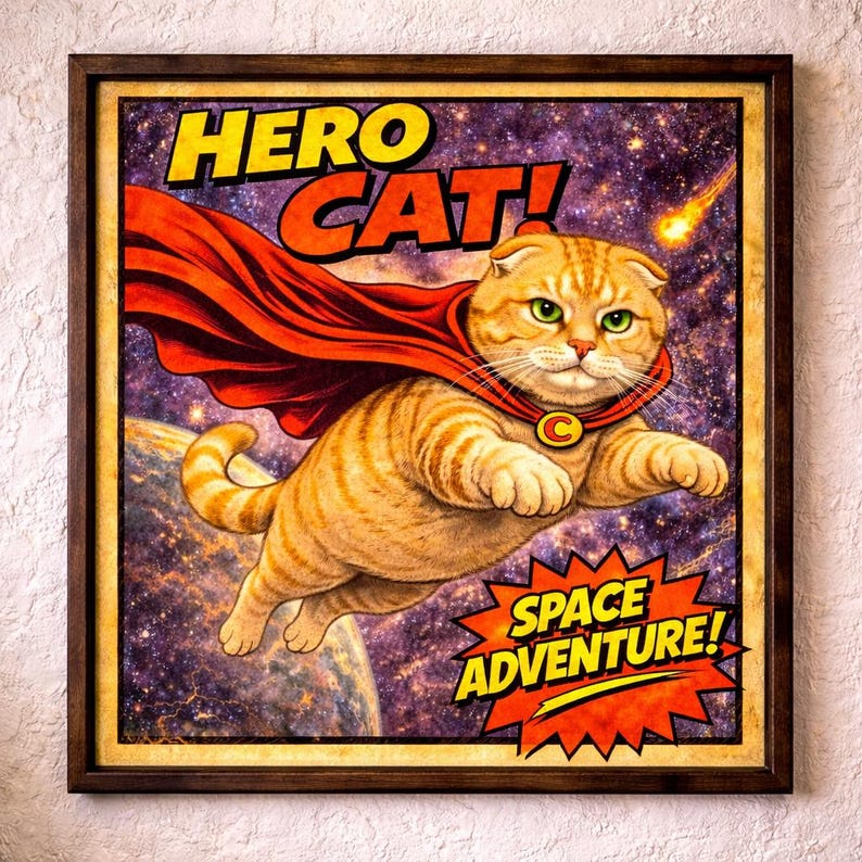 May include: A framed poster featuring an orange tabby cat wearing a red cape and a yellow collar with a red C emblem. The cat is flying through space with a planet and a comet in the background. The text reads HERO CAT! and SPACE ADVENTURE!