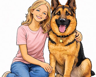 Benutzerdefinierte Haustier und Besitzer Porträt, Cartoon Hund und Mutter Kunst, personalisiertes Haustier Geschenk, digitale Mensch und Haustier Zeichnung, niedliche Tier Illustration