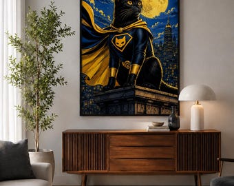 Superhero Black Cat Wall Art, Dark Knight Cat Poster, Comic Book Style Kids Decor, Retro Super Pet Print, Boy Room Nursery Gift, Download