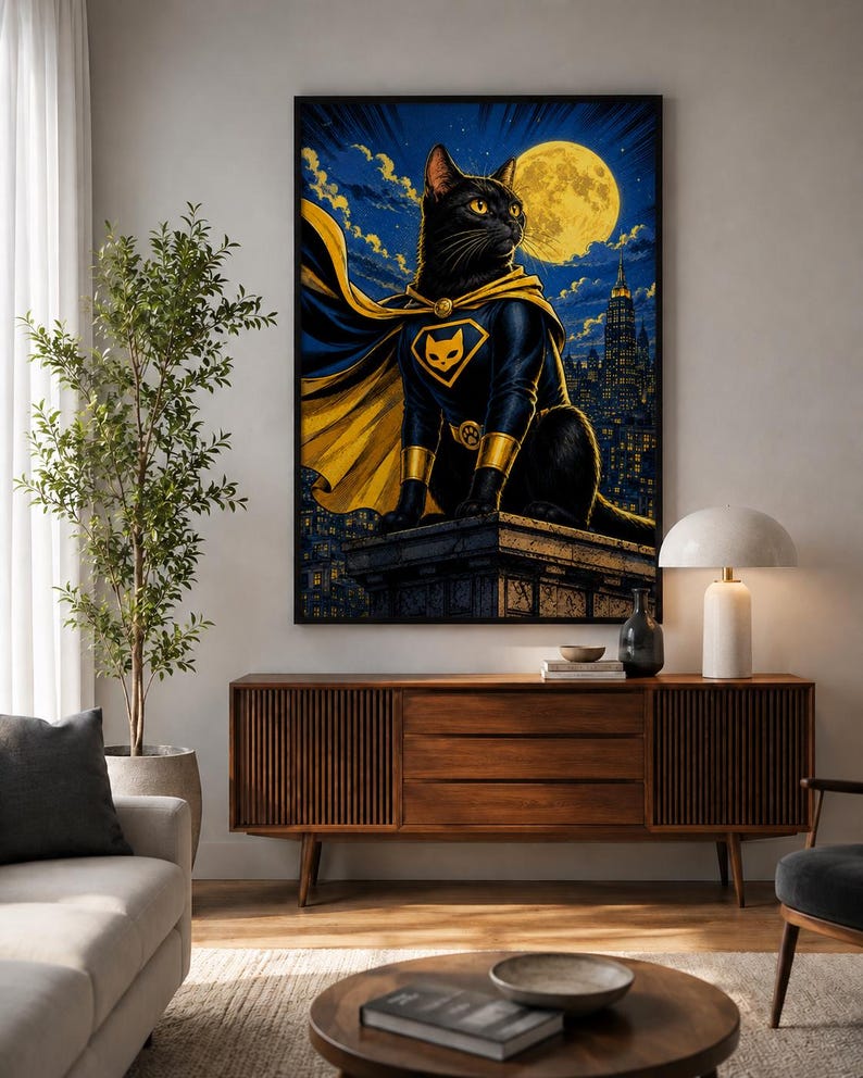 May include: A framed wall art print featuring a black cat dressed as a superhero with a yellow cape and emblem, perched on a building ledge against a dark blue night sky with a large yellow full moon and a distant city skyline silhouette.