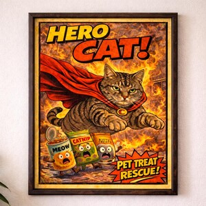 May include: A framed poster featuring a brown tabby cat wearing a red cape flying through flames. The text reads HERO CAT! and PET TREAT RESCUE!. Below the cat are three animated, frightened food containers labeled MEOW, CATNIP, and KITTY TREATS.