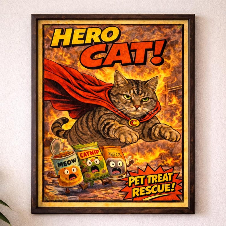 May include: A framed poster featuring a brown tabby cat wearing a red cape flying through flames. The text reads HERO CAT! and PET TREAT RESCUE!. Below the cat are three animated, frightened food containers labeled MEOW, CATNIP, and KITTY TREATS.